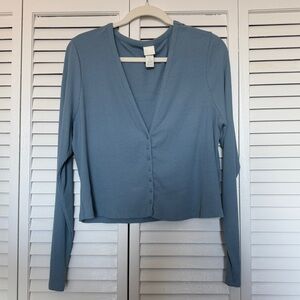 Blue Ribbed Button-Up Women's Top